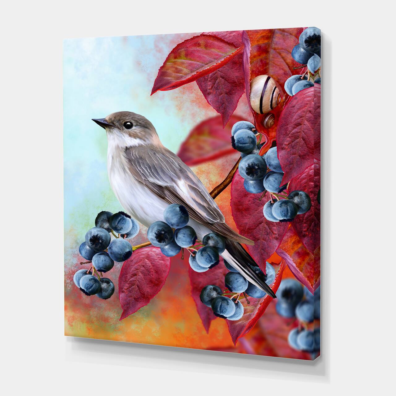 Designart - Little Gray Bird On Red Autumn On Blueberry Twig - Traditional Canvas Wall Art Print
